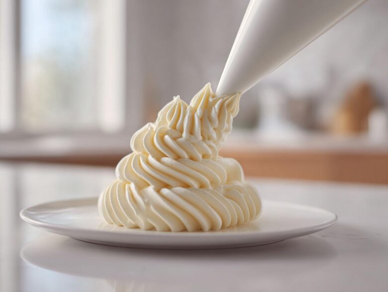 A piping bag dispensing perfectly swirled, fluffy vanilla buttercream onto a small white plate.