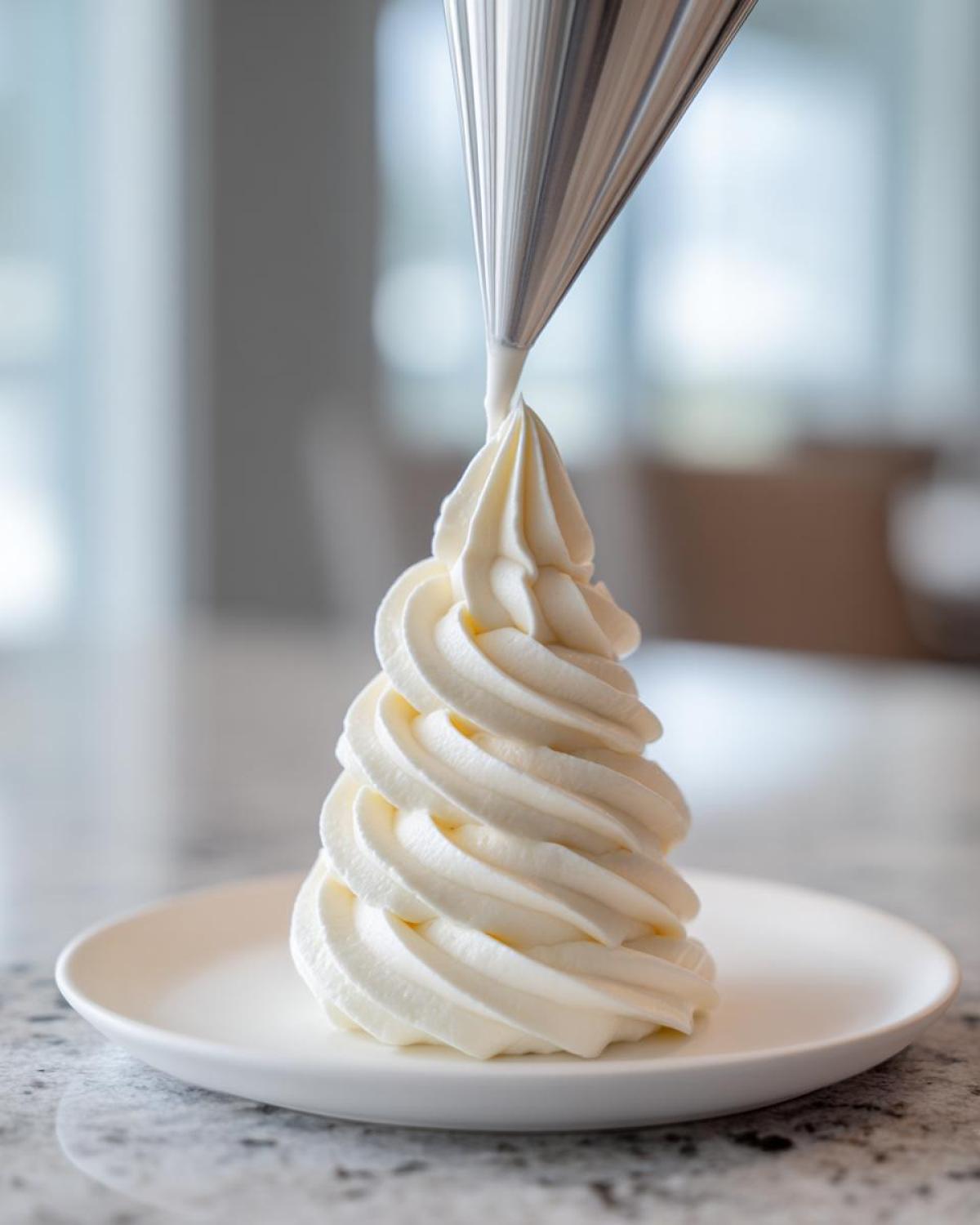 A piping bag dispenses perfect swirls of fluffy vanilla buttercream onto a small white plate.