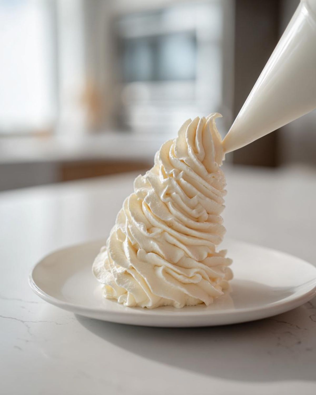 A piping bag is used to create a tall swirl of fluffy vanilla buttercream frosting on a white plate.