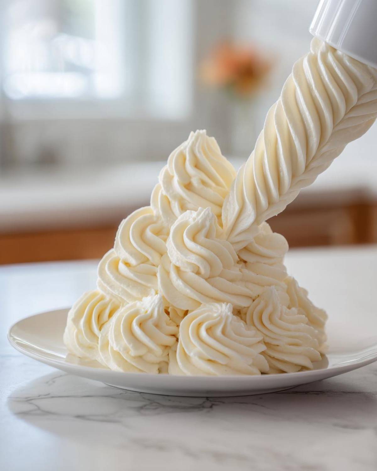 A piping bag dispenses smooth, fluffy vanilla buttercream onto a mound of already piped swirls on a white plate.