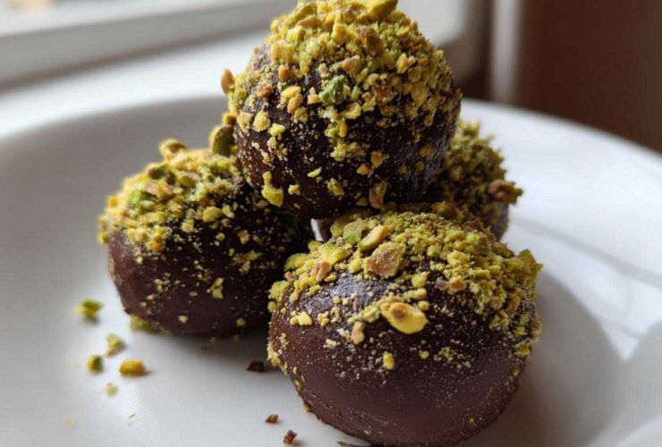 Close-up of four rich, dark chocolate balls coated in bright green crushed pistachios, representing dubai chocolate balls.