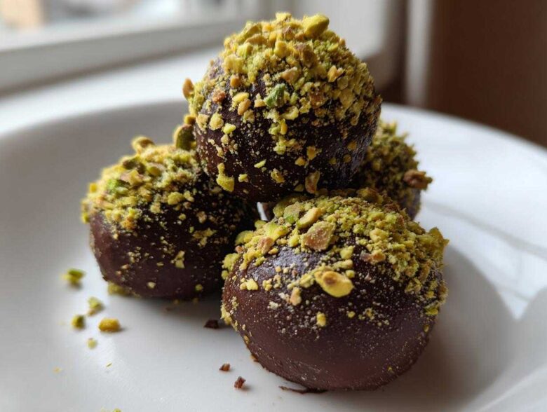 Close-up of four rich, dark chocolate balls coated in bright green crushed pistachios, representing dubai chocolate balls.