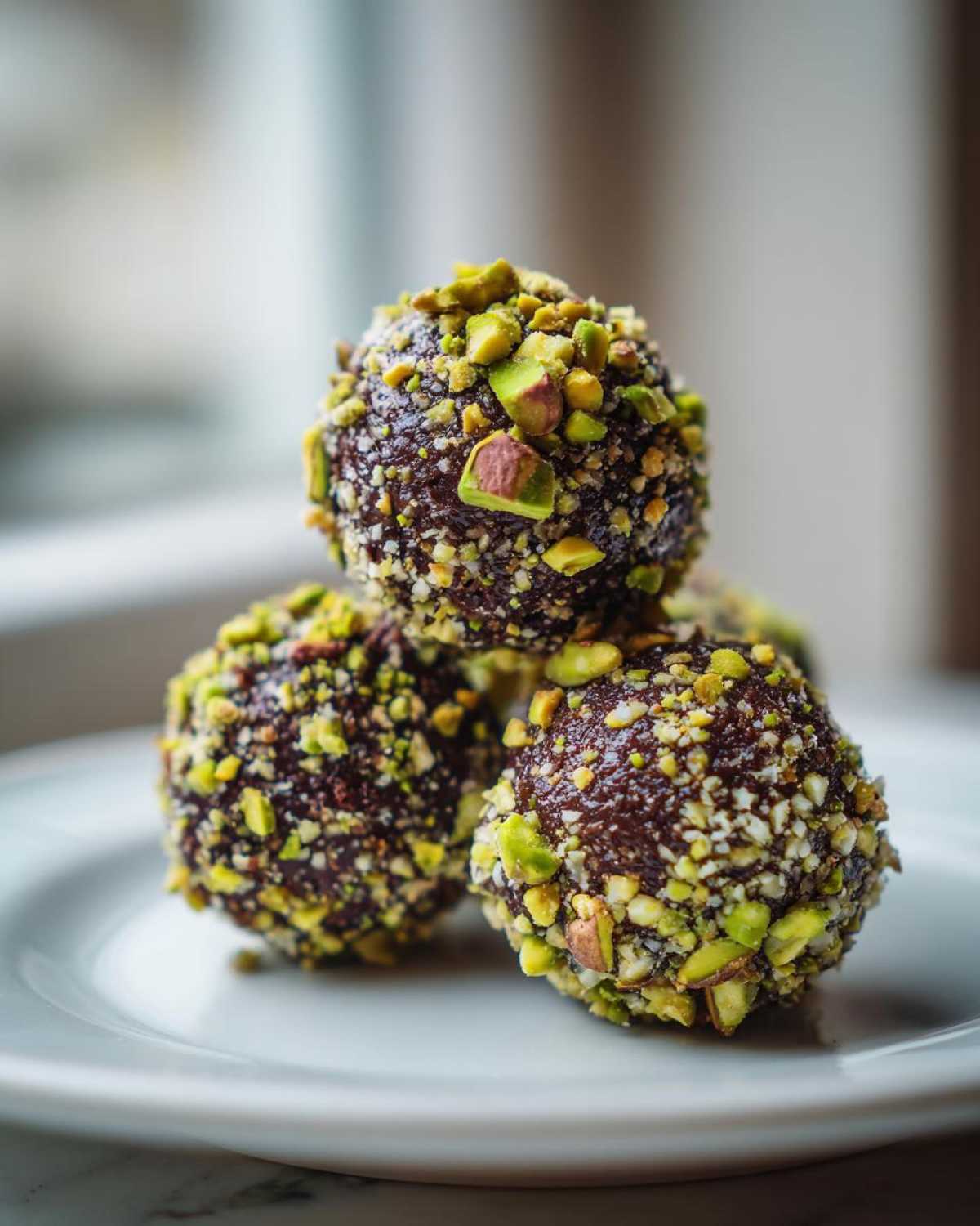 A stack of rich, dark dubai chocolate balls coated generously in chopped green pistachios on a white plate.