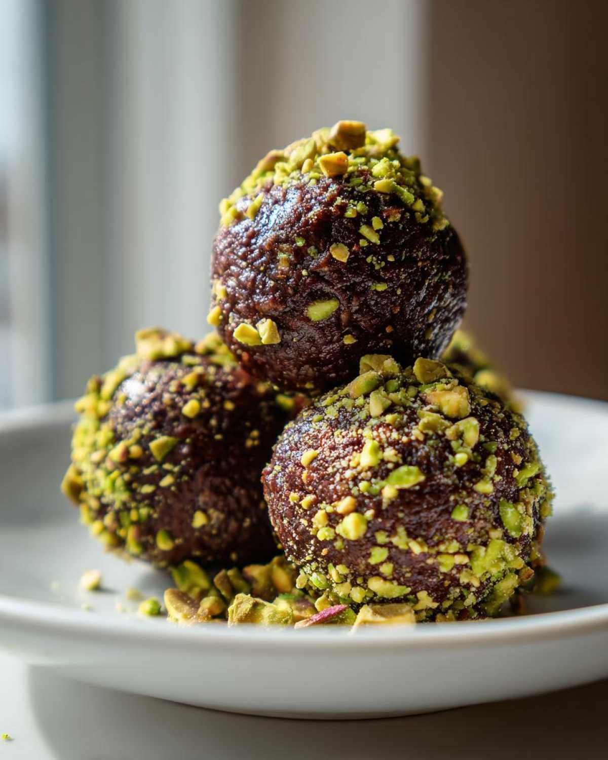Close-up of three rich, dark dubai chocolate balls stacked and generously coated in bright green crushed pistachios.