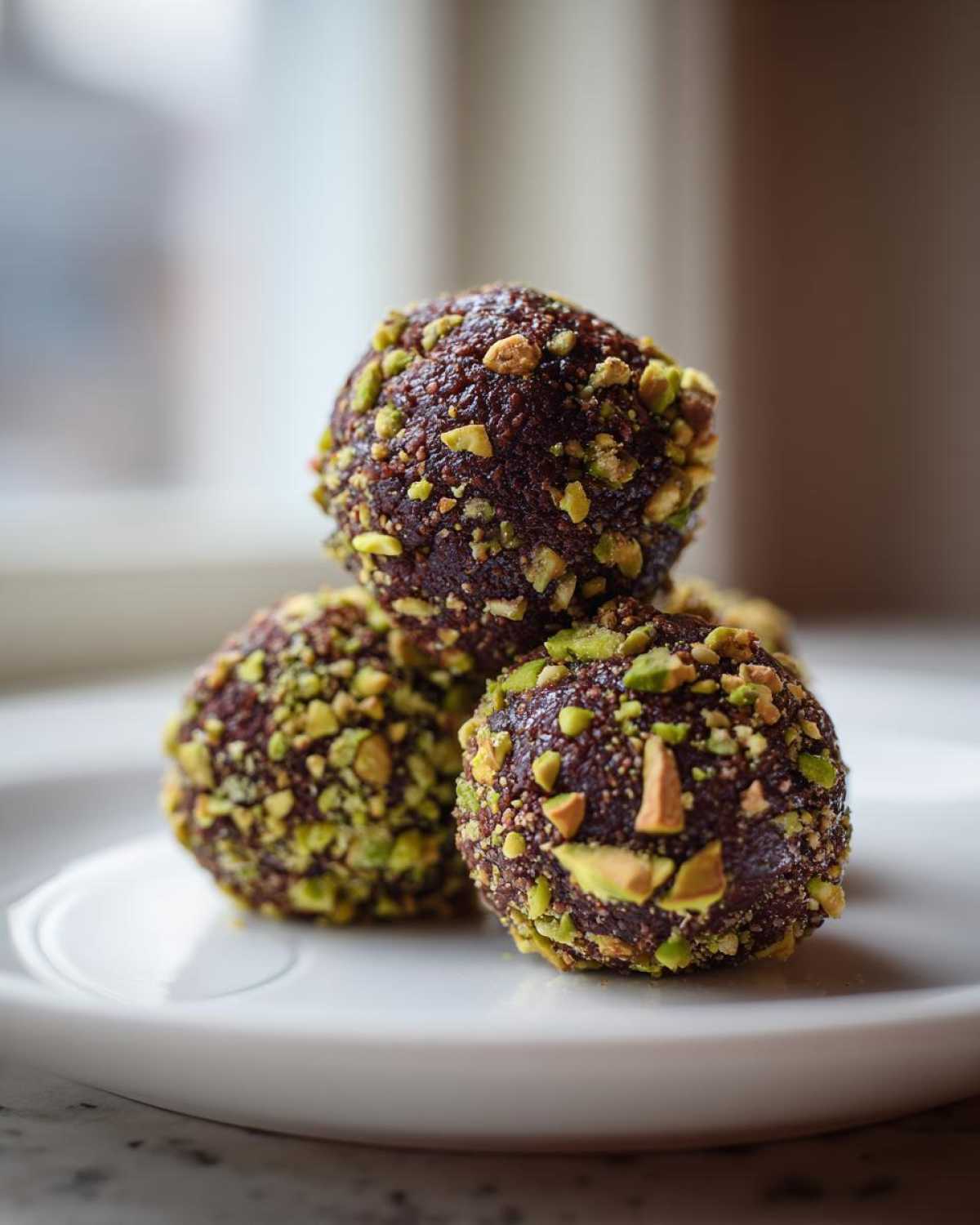 Close-up of three rich, dark dubai chocolate balls rolled in chopped green pistachios, stacked on a white plate.