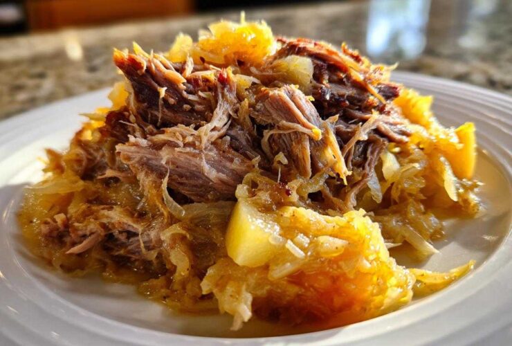 Close-up of tender, shredded pork served over a mound of golden pork and sauerkraut on a white plate.