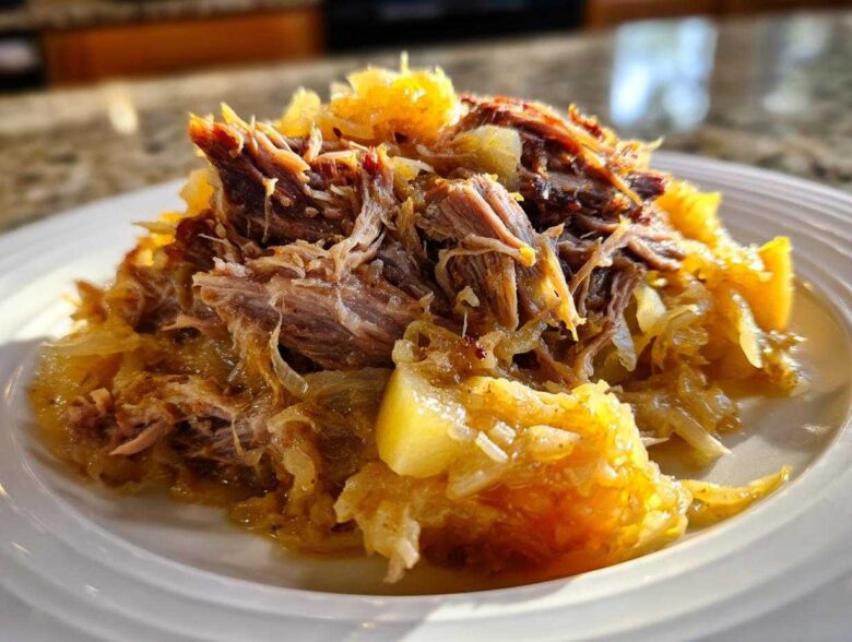 Close-up of tender, shredded pork served over a mound of golden pork and sauerkraut on a white plate.
