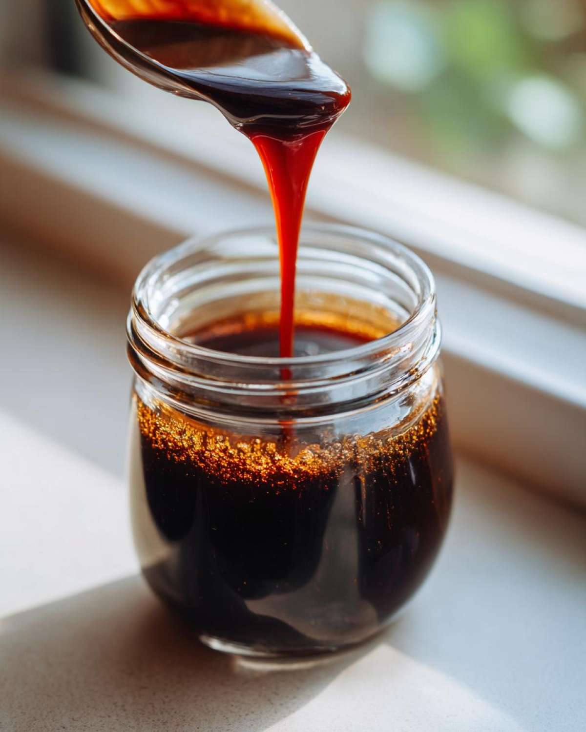 Thick, rich chocolate syrup being poured from a spoon into a small glass jar.
