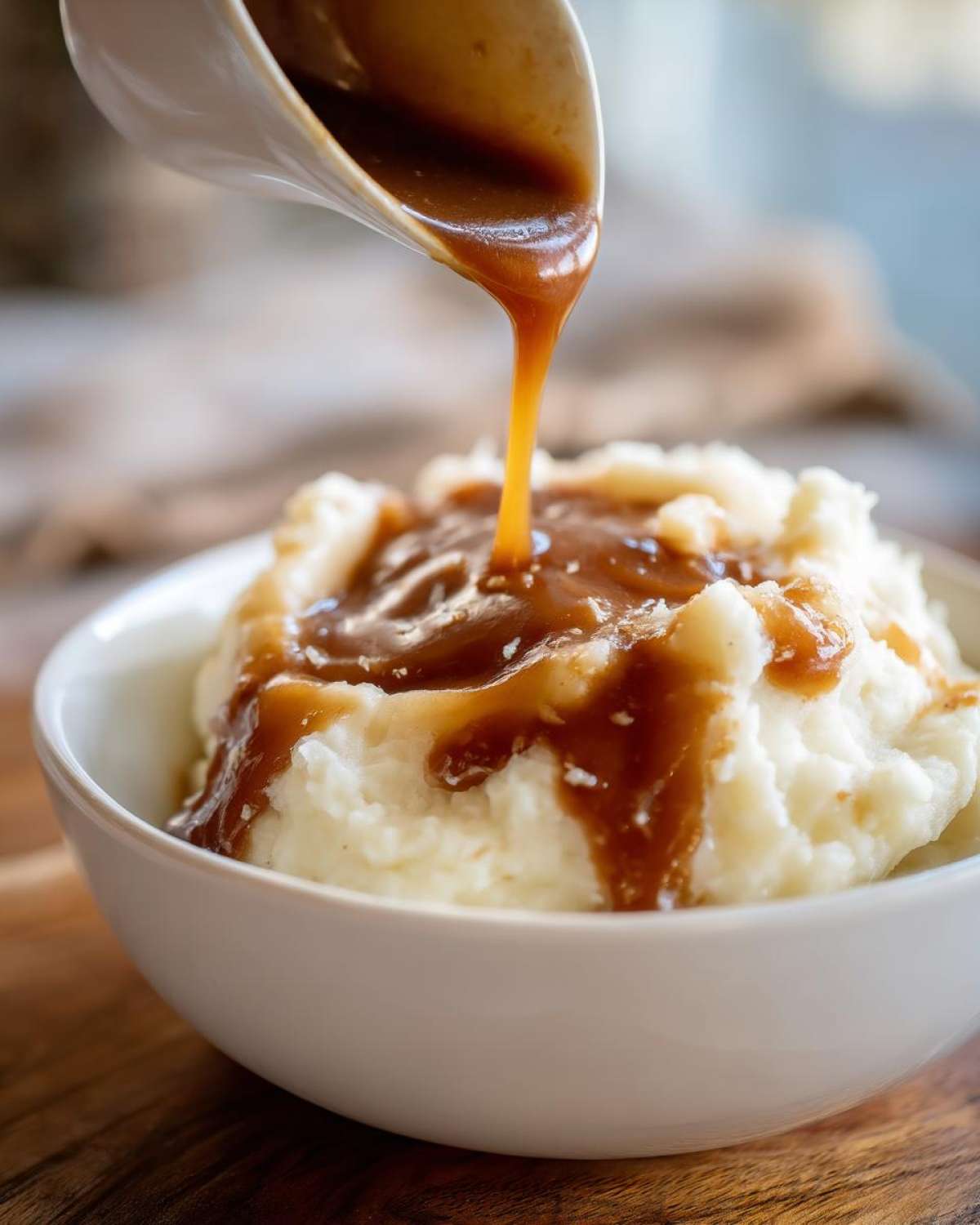 A stream of rich homemade brown gravy being poured from a white gravy boat onto fluffy mashed potatoes in a bowl.