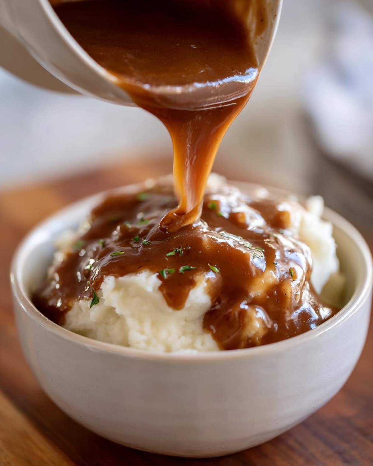Close-up of rich homemade brown gravy being poured from a white pitcher onto fluffy mashed potatoes in a bowl.