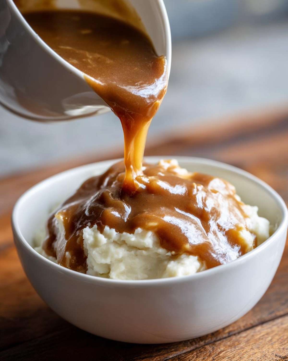Thick, rich homemade brown gravy being poured from a white gravy boat onto a bowl of creamy mashed potatoes.