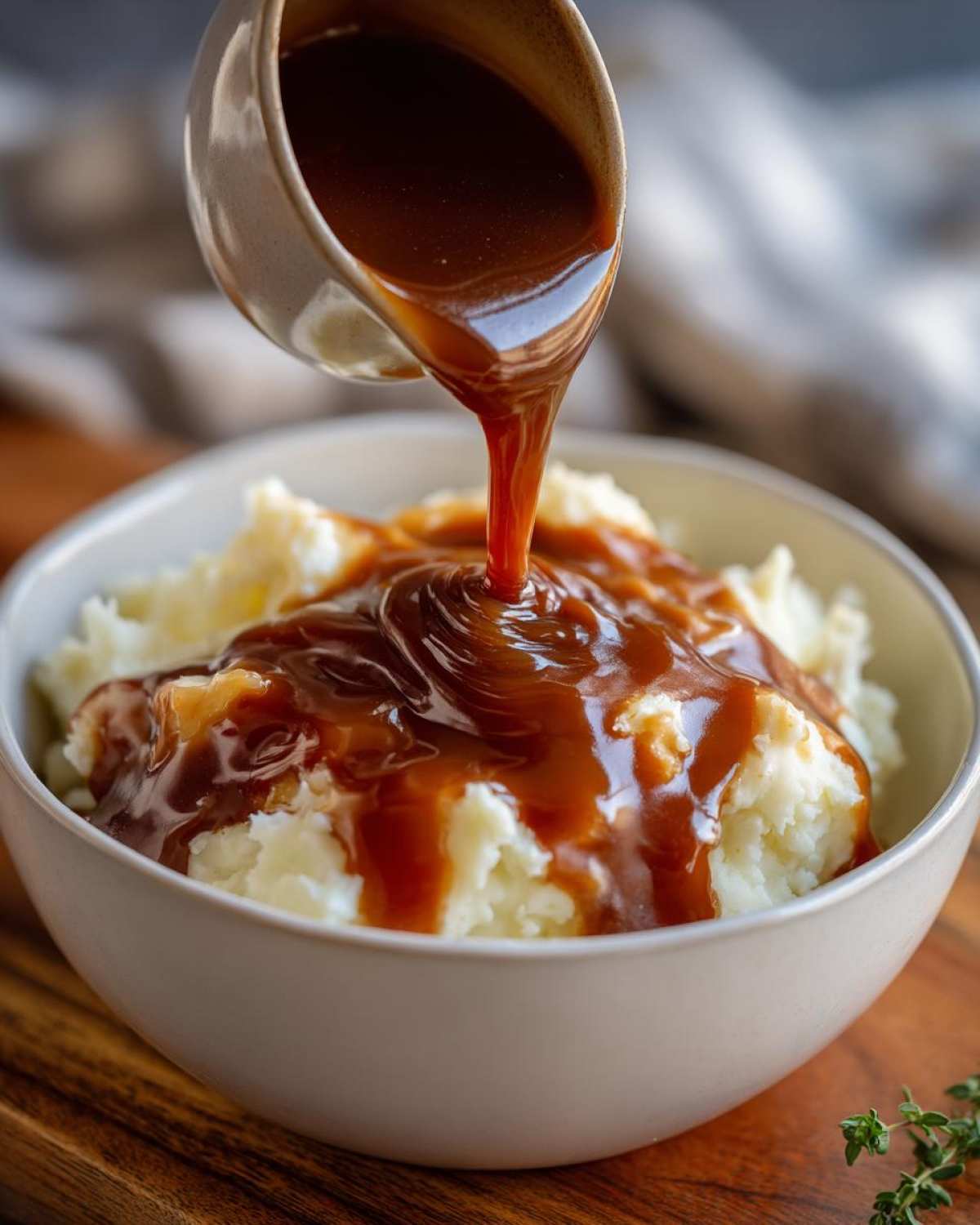 Thick, rich homemade brown gravy being poured from a small pitcher onto a bowl of fluffy mashed potatoes.