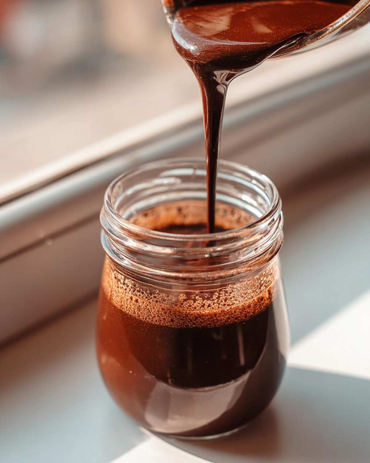 Thick, rich chocolate syrup being poured from a utensil into a small glass jar, highlighting the texture of the chocolate syrup.