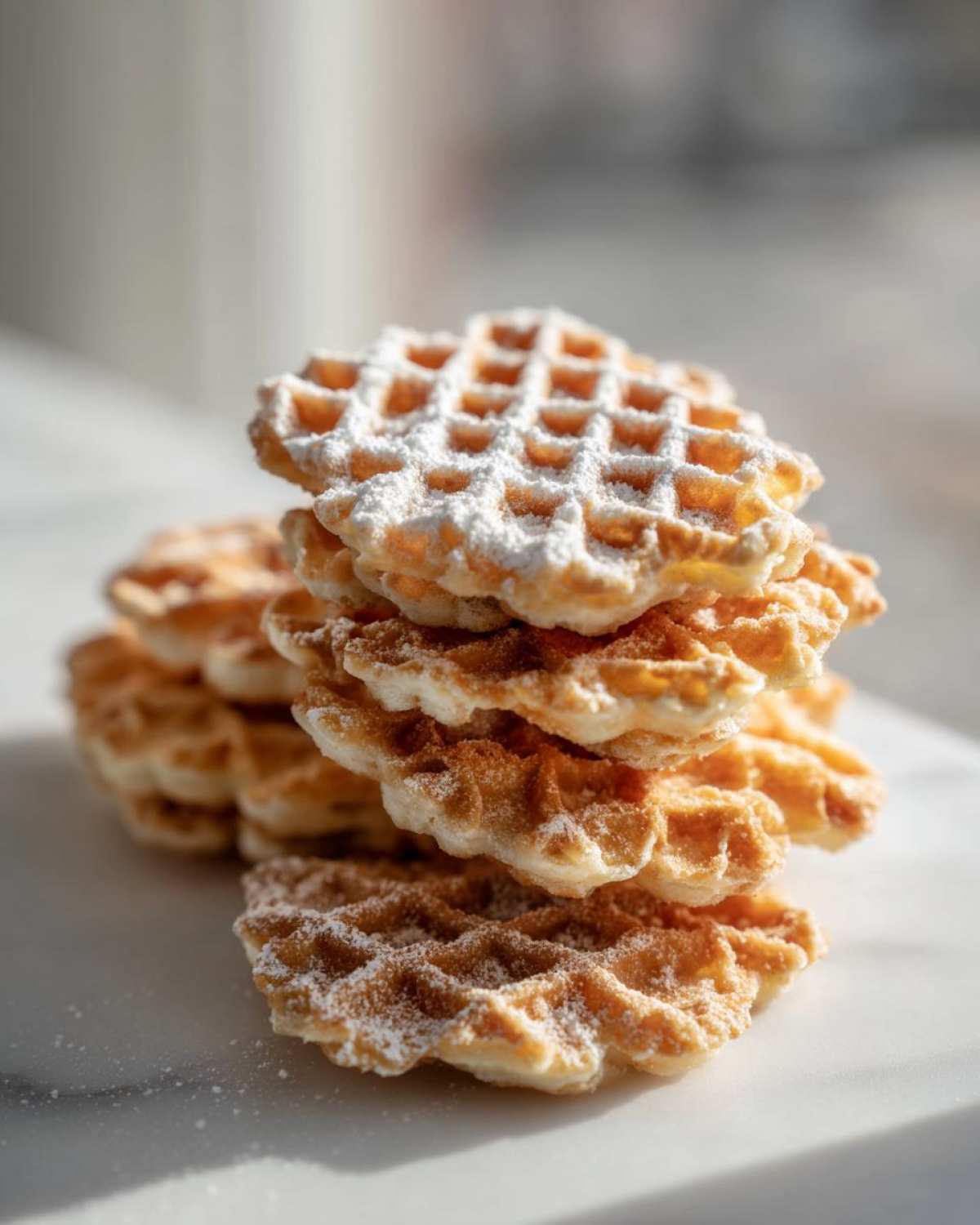 A close-up stack of golden brown pizzelle cookies dusted lightly with powdered sugar.