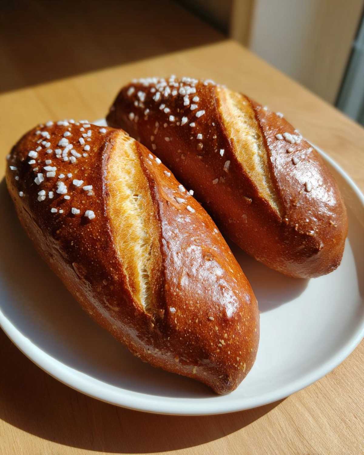 Two golden brown, shiny pretzel rolls topped with coarse salt, ready to be made into pretzel dogs.