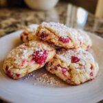 A stack of delicious raspberry cheesecake cookies dusted heavily with powdered sugar, showing bright red raspberry pieces.