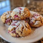 A stack of four soft raspberry cheesecake cookies dusted heavily with powdered sugar on a white plate.