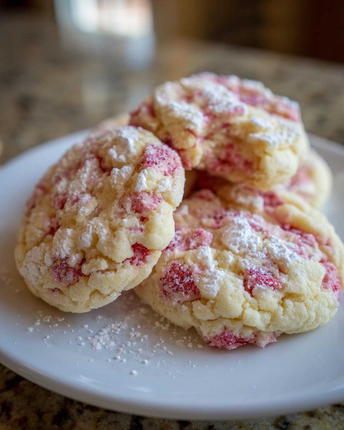 A stack of soft, crinkle-top raspberry cheesecake cookies dusted with powdered sugar on a white plate.