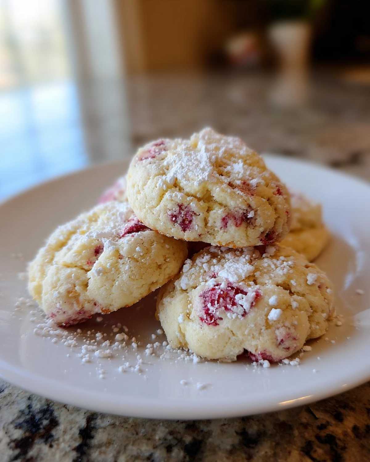 A stack of soft raspberry cheesecake cookies topped with powdered sugar on a white plate.