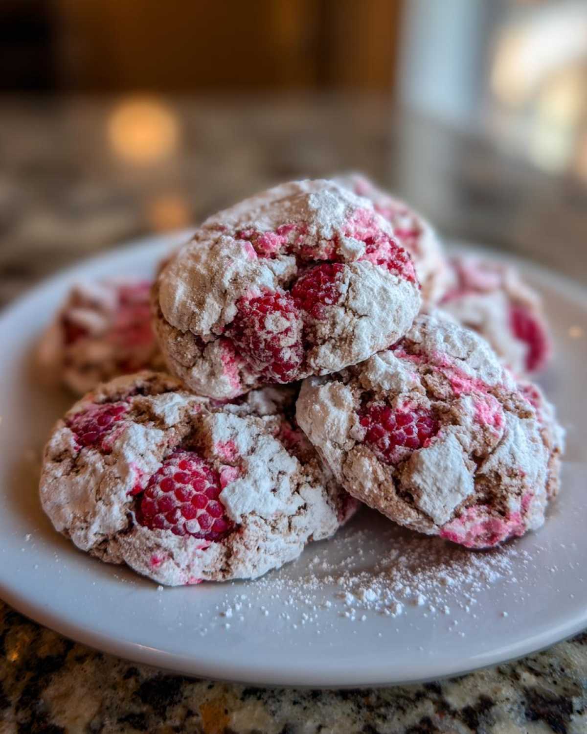 A stack of freshly baked raspberry cheesecake cookies dusted heavily with powdered sugar on a white plate.