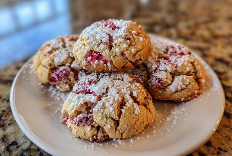 A stack of four soft raspberry cheesecake cookies dusted heavily with powdered sugar on a white plate.