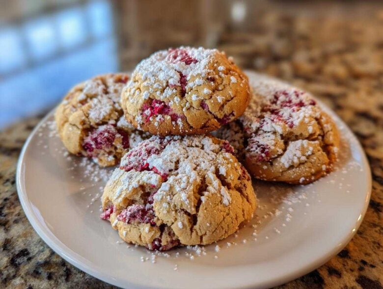 A stack of four soft raspberry cheesecake cookies dusted heavily with powdered sugar on a white plate.