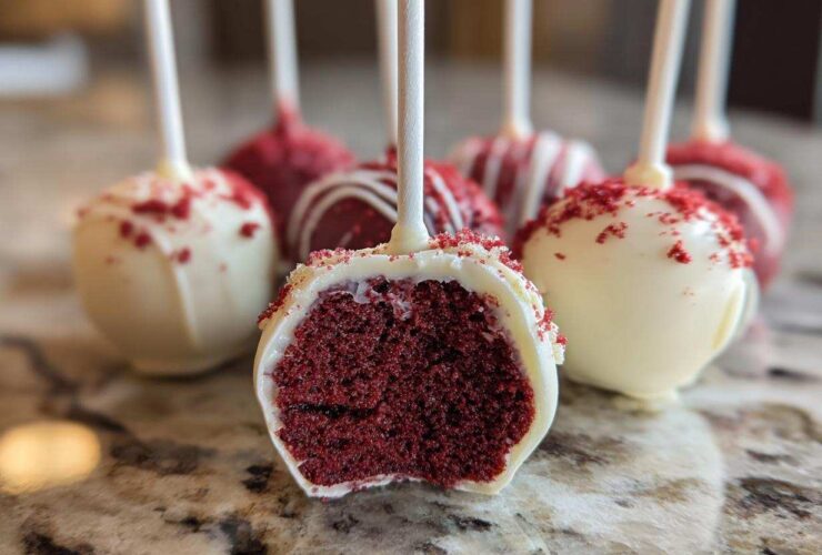 A close-up view showing the inside texture of a red velvet cake pop dipped in white chocolate, sprinkled with red crumbs.