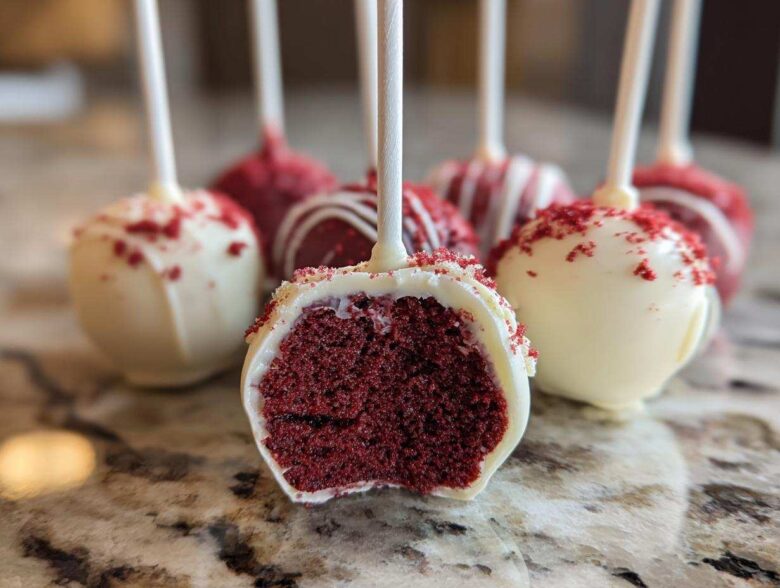 A close-up view showing the inside texture of a red velvet cake pop dipped in white chocolate, sprinkled with red crumbs.