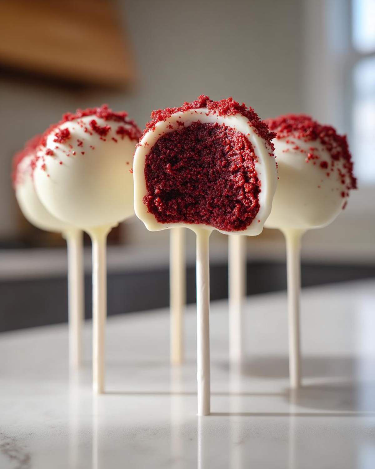 Close-up of red velvet cake pops dipped in white chocolate, one cut open revealing the rich interior.