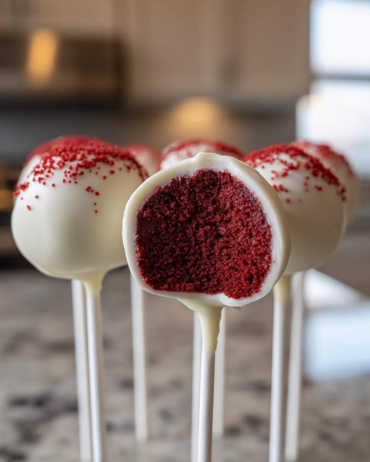 A close-up of red velvet cake pops dipped in white chocolate, one cut open showing the rich red interior.