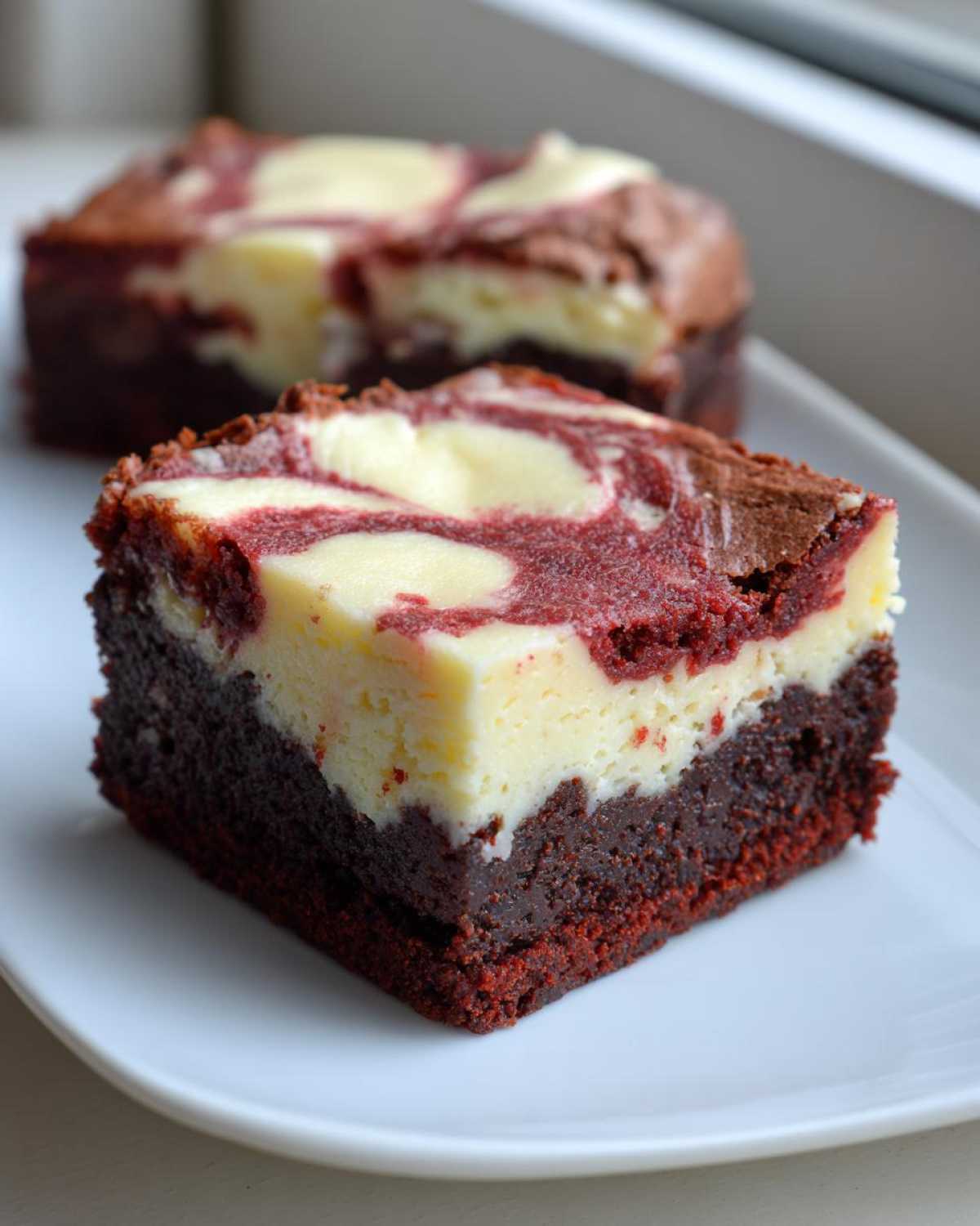 A close-up of a rich, layered red velvet cheesecake brownies square with a cream cheese swirl topping.