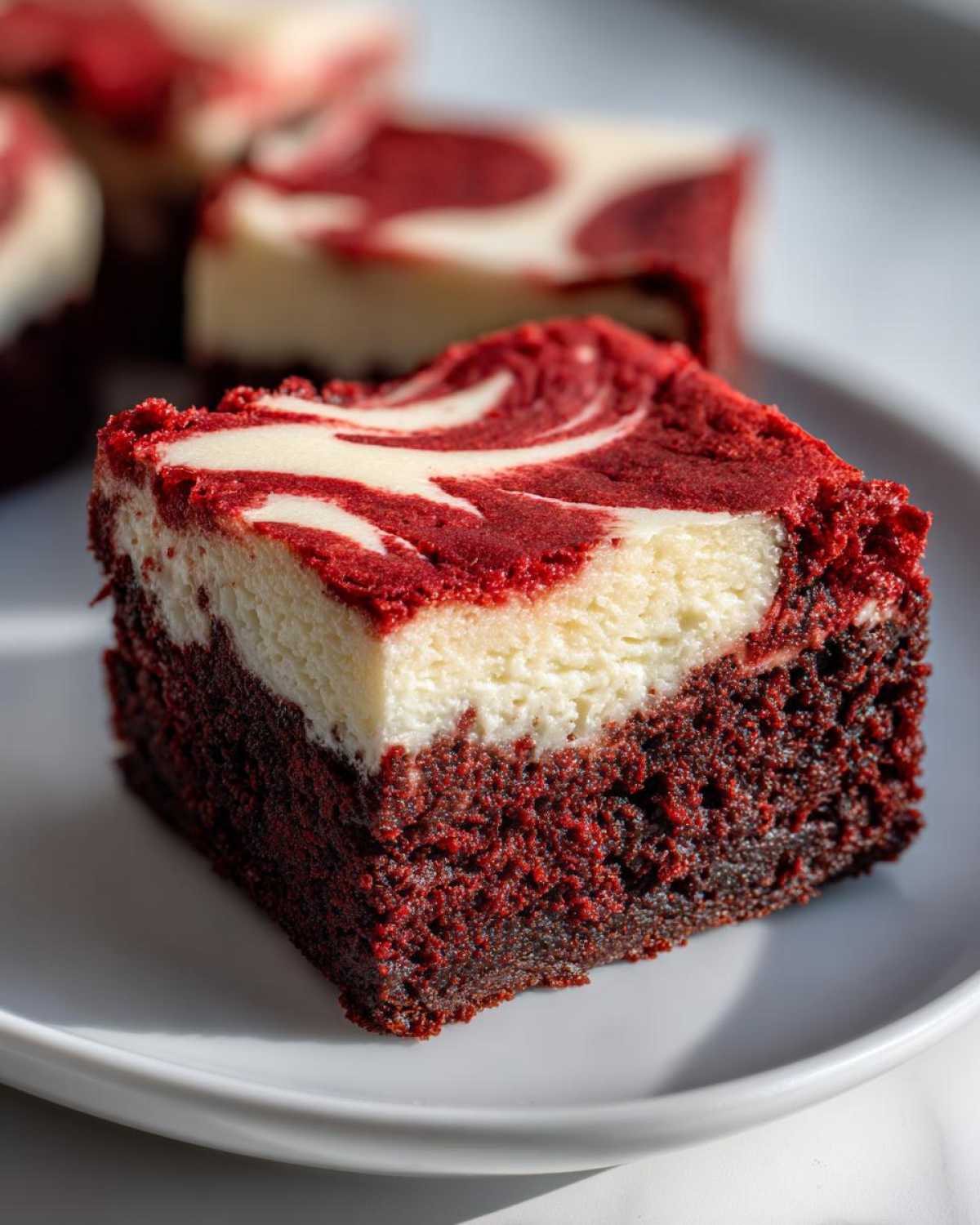 A close-up of a single square of red velvet cheesecake brownies showing the dense red layer and swirled cream cheese topping.