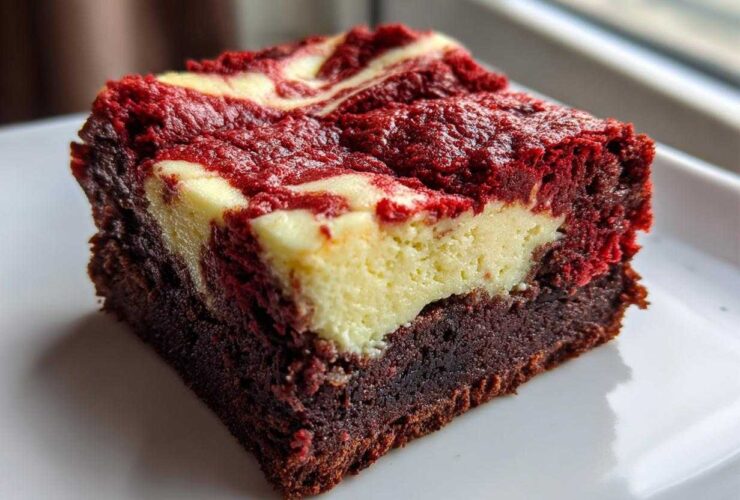 A single, decadent slice of red velvet cheesecake brownies showing the dark brownie base and swirled red and cream cheese topping.
