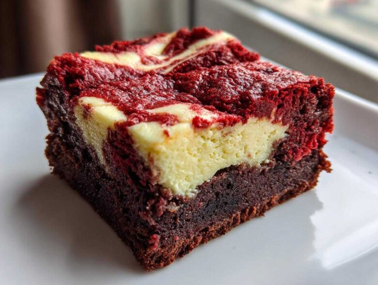 A single, decadent slice of red velvet cheesecake brownies showing the dark brownie base and swirled red and cream cheese topping.