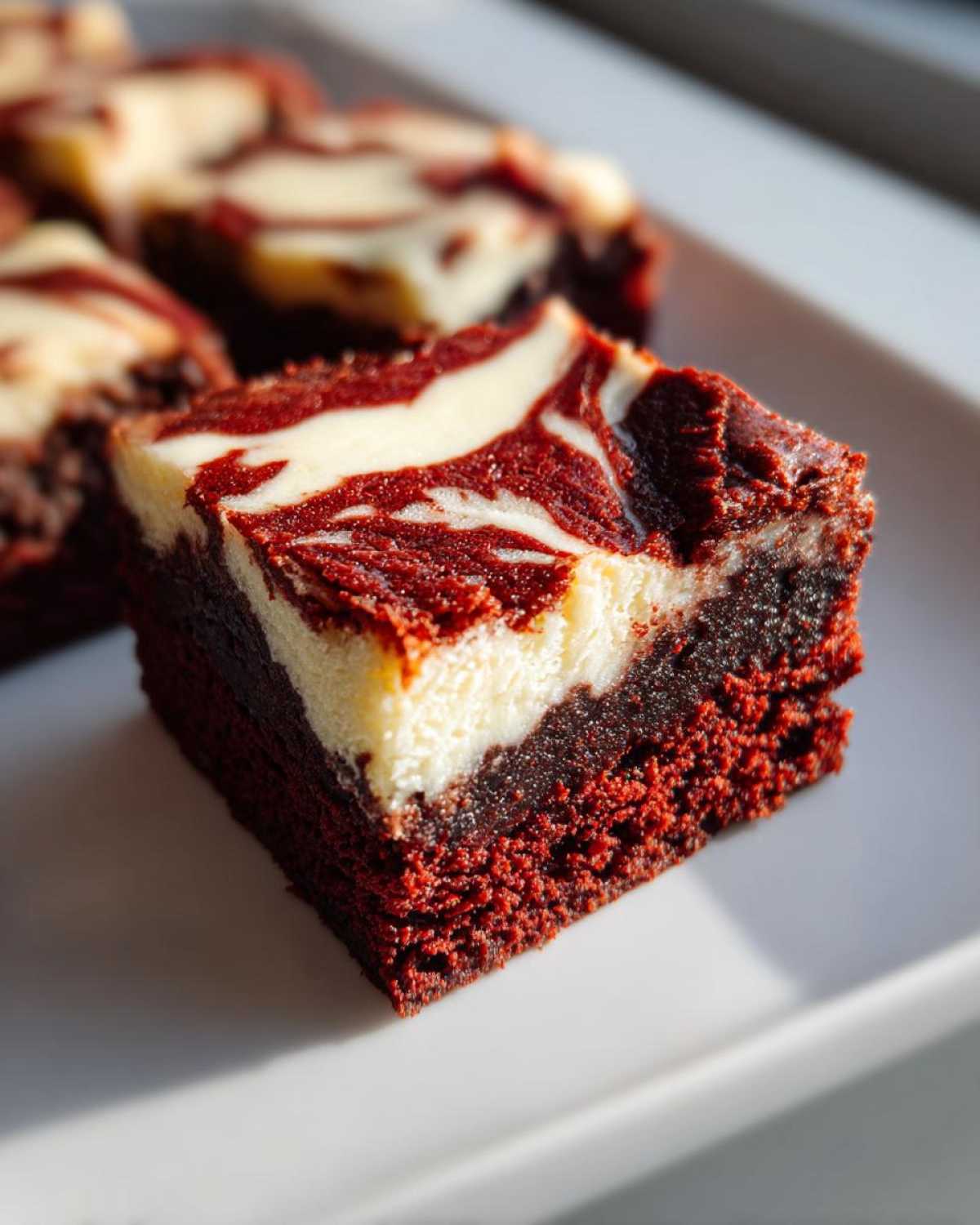 A close-up, macro shot of a single square of red velvet cheesecake brownies showing the rich red base and swirled cream cheese topping.