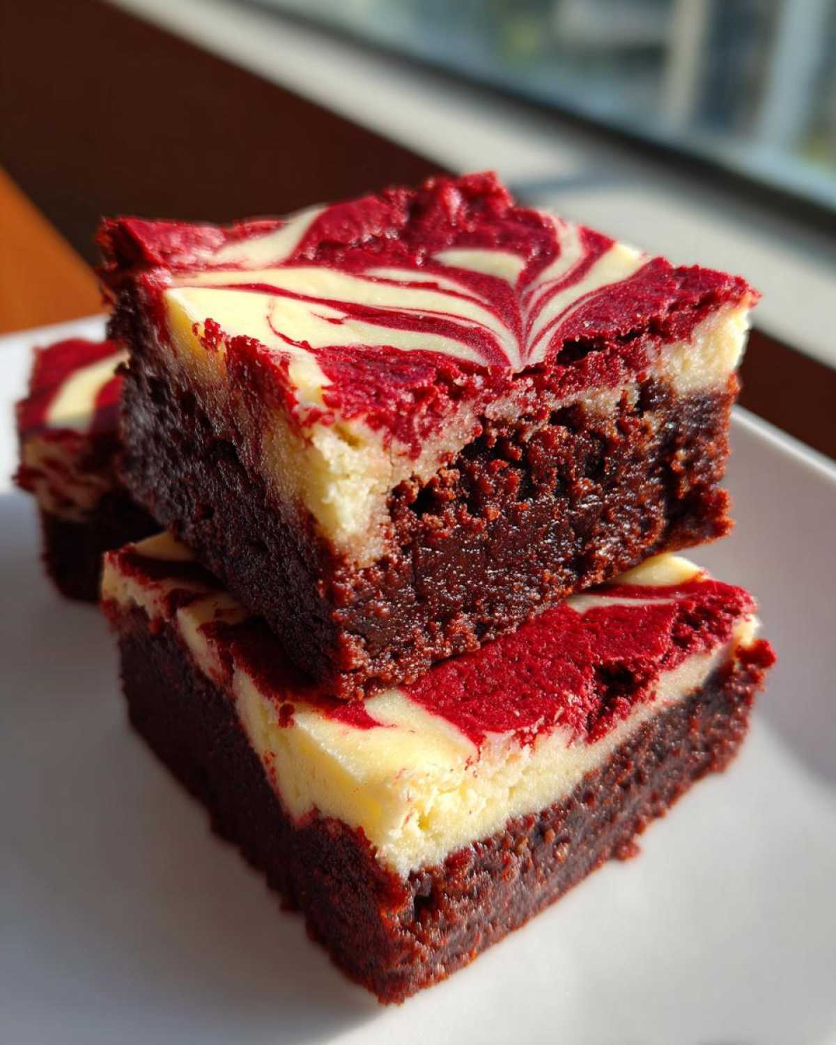 Two stacked, fudgy red velvet cheesecake brownies featuring a vibrant red and cream cheese swirl topping.