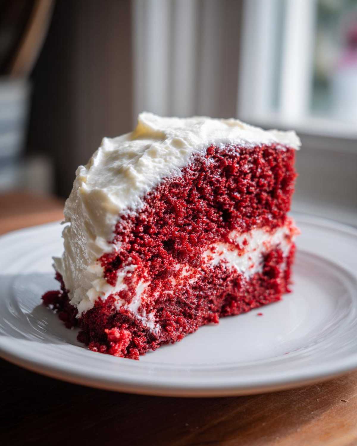 Close-up of a moist slice of red velvet poke cake topped with thick white cream cheese frosting, served on a white plate.