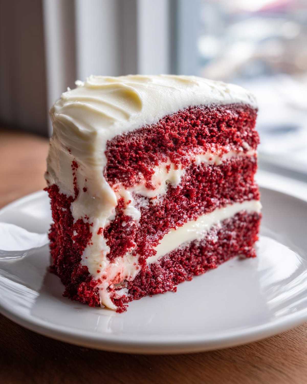 A tall slice of rich, red velvet poke cake layered with white cream cheese frosting, served on a white plate.