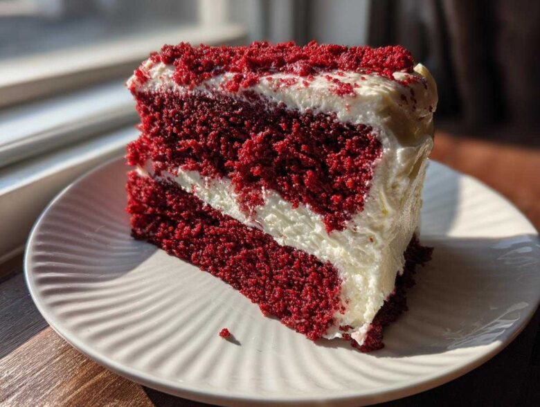 A thick slice of vibrant red velvet poke cake layered with white cream cheese frosting, sitting on a white plate.