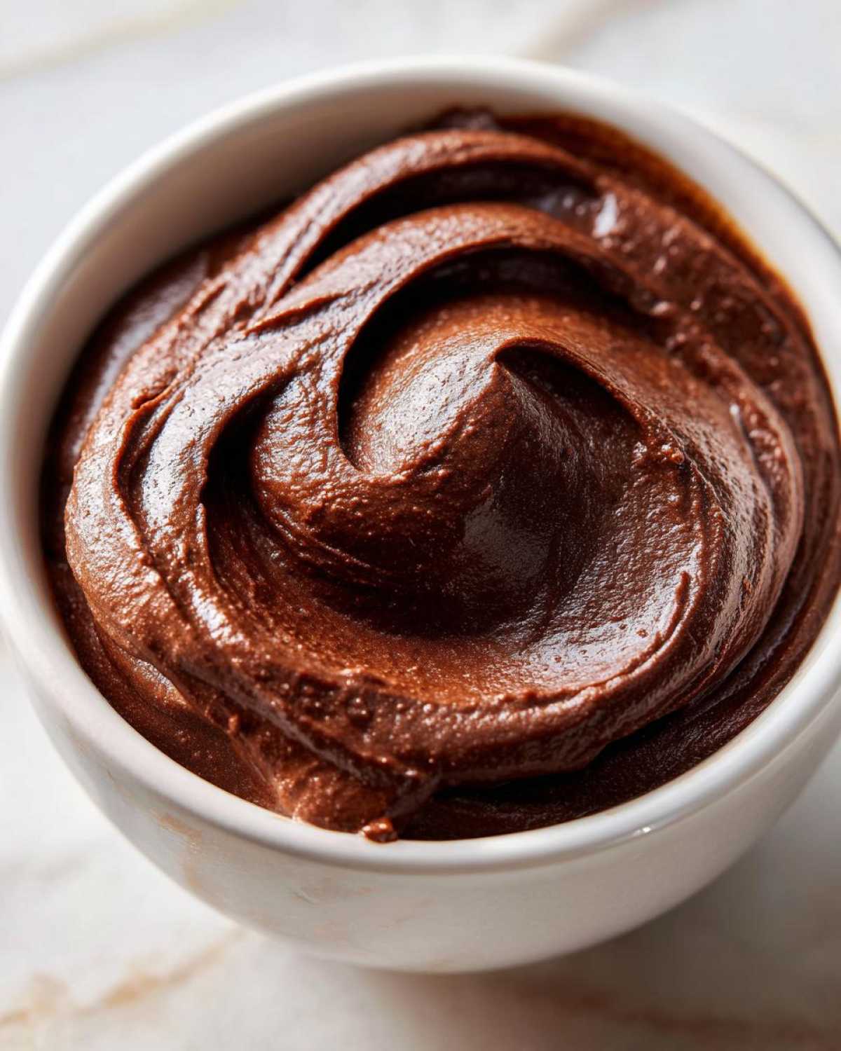 Close-up of a creamy, dark brown chocolate dip swirled beautifully in a small white bowl.