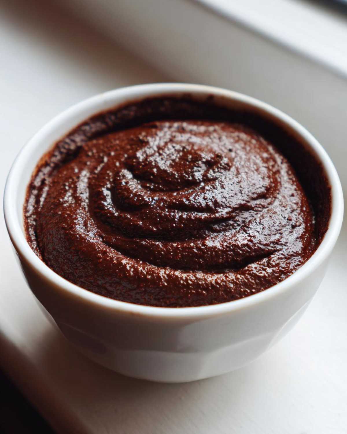 Close-up of thick, dark chocolate dip swirled in a small white bowl, ready for dipping.