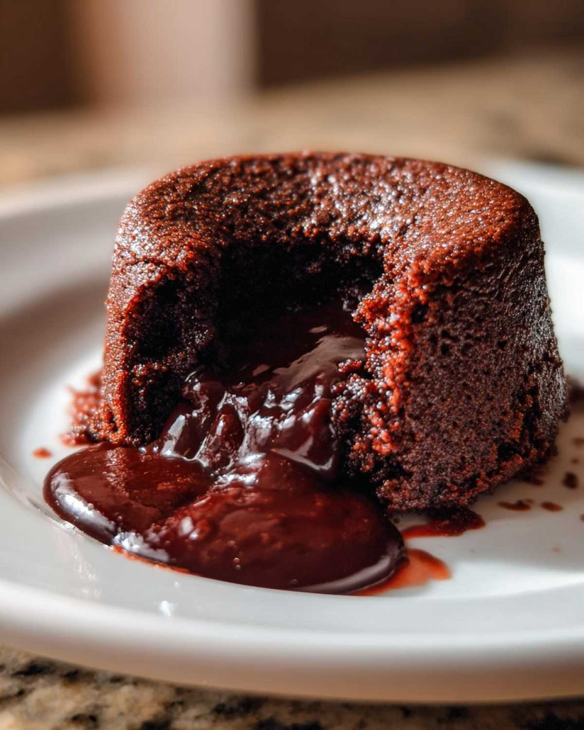 Close-up of a freshly baked chocolate lava cake with molten center oozing onto a white plate.