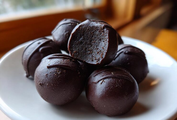 A stack of decadent, dark chocolate-coated Oreo balls, one cut open to show the dense filling.