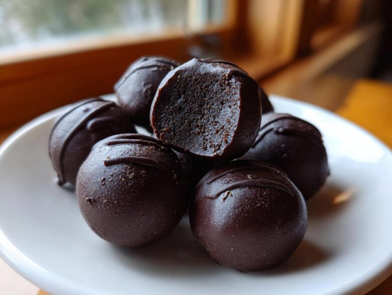 A stack of decadent, dark chocolate-coated Oreo balls, one cut open to show the dense filling.