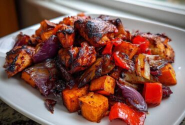 Close-up of roasted harissa chicken mixed with caramelized sweet potatoes, red bell peppers, and purple onions on a white plate.