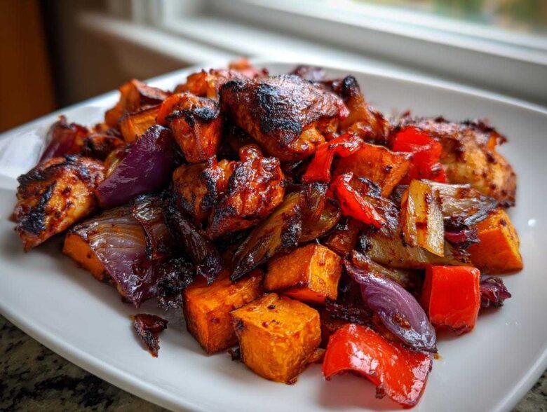 Close-up of roasted harissa chicken mixed with caramelized sweet potatoes, red bell peppers, and purple onions on a white plate.