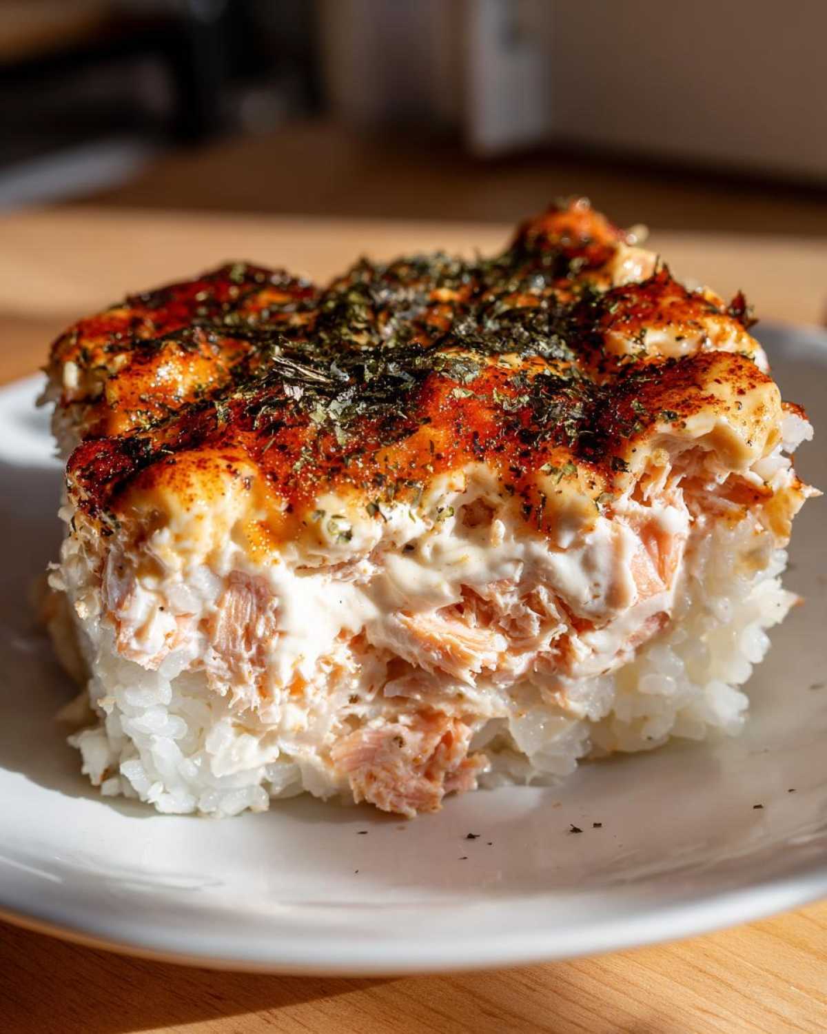 A thick slice of salmon sushi bake showing layers of rice, creamy salmon filling, and a browned, seasoned topping.