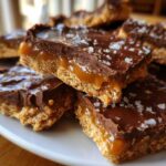 Close-up of stacked graham cracker toffee bars with a thick caramel layer and chocolate topping sprinkled with sea salt.