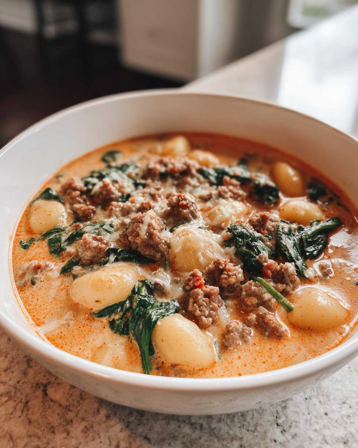 A close-up of a hearty bowl of creamy sausage gnocchi soup with spinach and melted cheese.