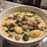 A close-up of a white bowl filled with creamy sausage gnocchi soup, featuring large gnocchi, crumbled sausage, and wilted spinach.